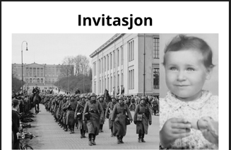 To bilder: soldater marsjerer på Karl Johan og et lite barn